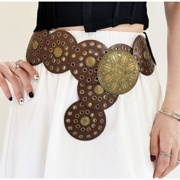 Women\'s Waist Concho Belt Brown Wide Leather Brass Disc Buckle Boho Western